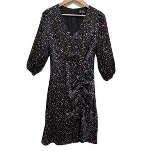 Sam Edelman Dress 8 Black Multicolor Dots Sheen V Neck Ruched Asymmetrical Zip